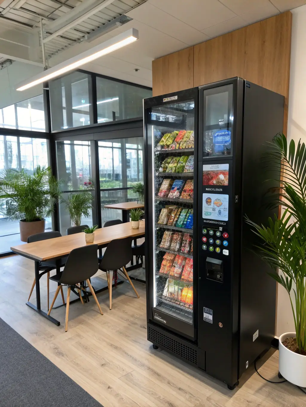 A brightly lit, modern vending machine stocked with a variety of snacks and drinks, placed in a clean and well-maintained office breakroom, symbolizing the diverse product selection offered by Big Raf Vending LLC.