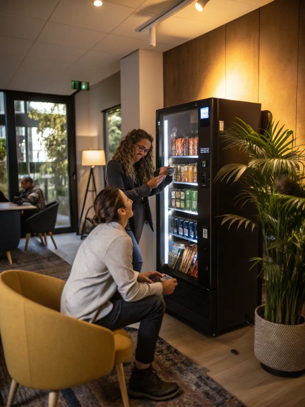 A happy employee using a Big Raf Vending LLC vending machine in a workplace, smiling and enjoying a snack, illustrating the convenience and satisfaction provided by the service.