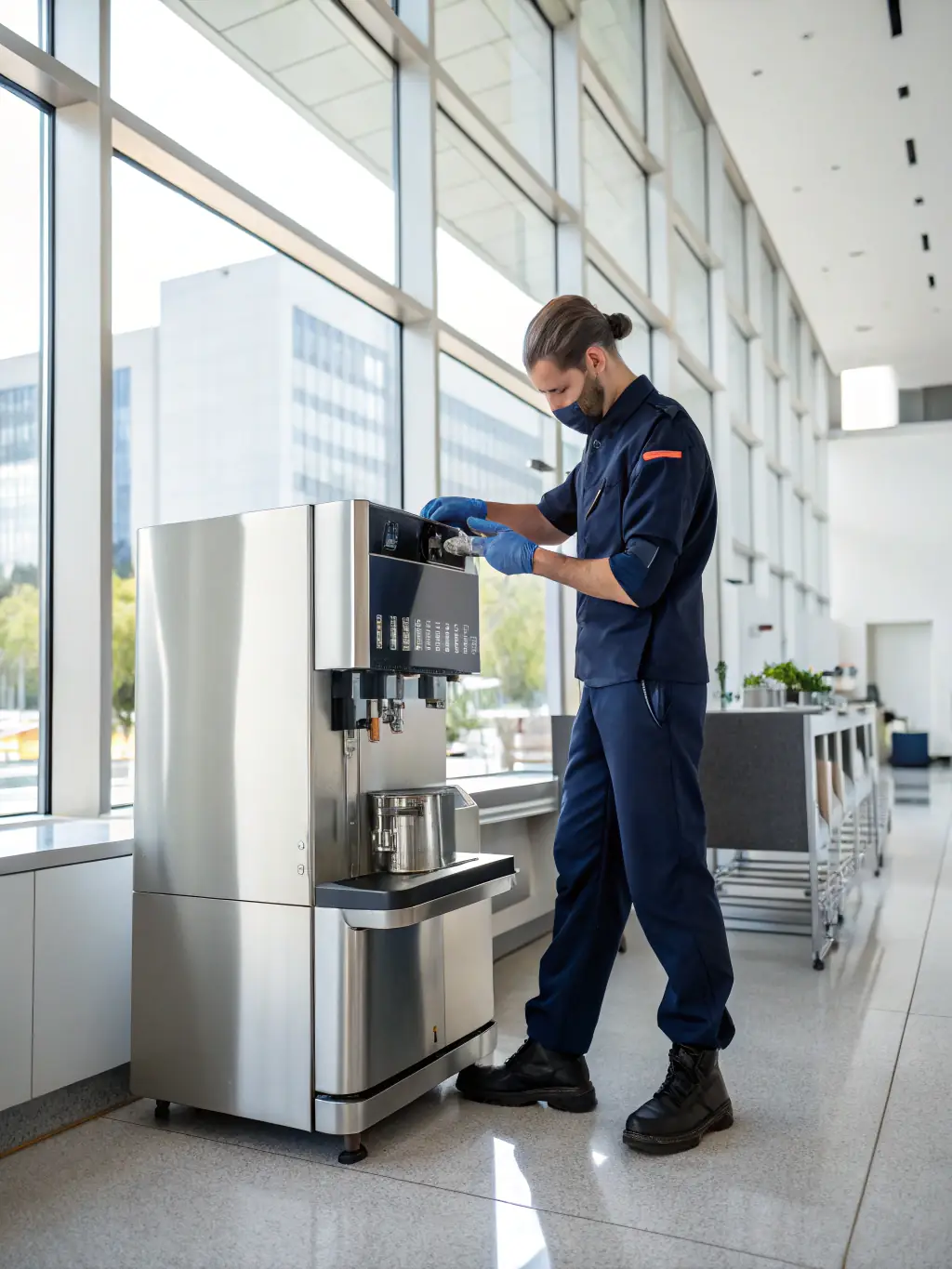 A technician in a Big Raf Vending LLC uniform performing routine maintenance on a vending machine, ensuring it is clean, fully stocked, and functioning perfectly, representing the reliable service provided.